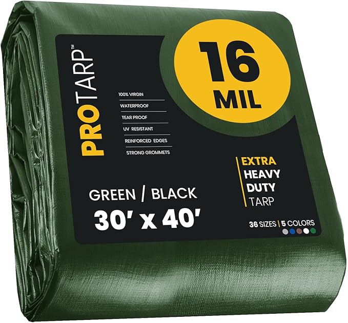 PROTARP Extra Heavy Duty 16 Mil Tarp Cover, Waterproof, UV Resistant, Rip and Tear Proof, Poly Tarpaulin with Reinforced Edges for Roof, Camping, Patio, Pool, Boat. (Green/Black 30′ X 40′)
