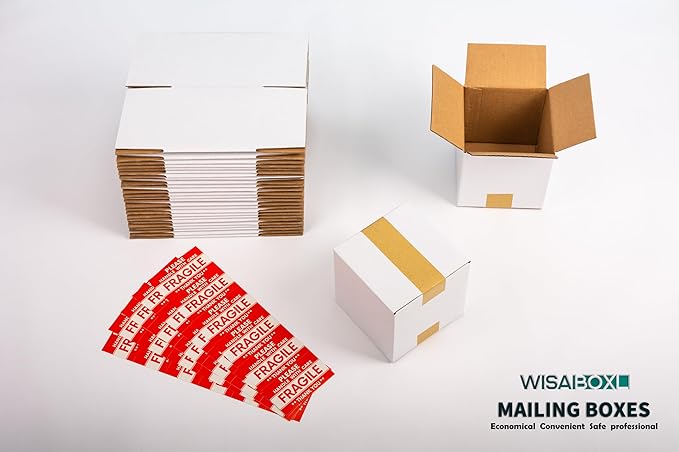 6x6x6 inch White Shipping Boxes, Corrugated Cardboard Small Boxes with Fragile Stickers for Business Mailing, Packing, Moving, Storage, 25 Pack