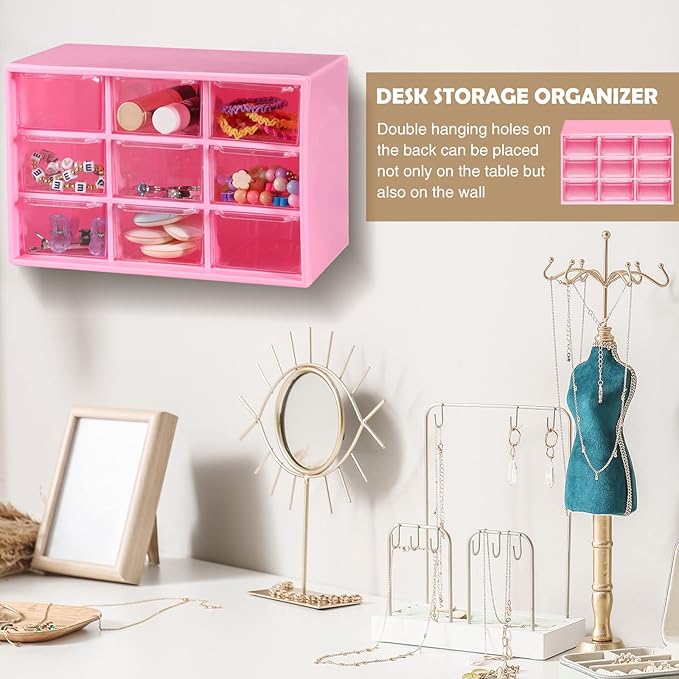 Amyhill 6 Pcs Mini Drawer Organizer Small Organizer with 9 Drawers Plastic Desktop Craft Storage Box for Office Home Room Jewelry Cosmetics Collection(Rose Red)