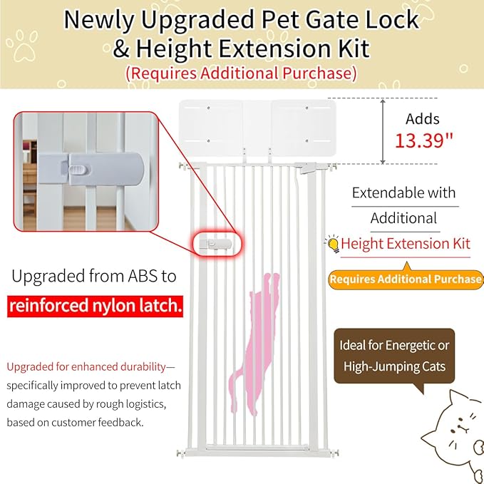 Lumizone Extra Tall Cat Gate 55.12" High Pressure Mounted Extra Wide 2025 New (17 Sizes) 1.37" Gap No Drilling Auto-Close One-Handed Operation Tall Pet Gate for Dogs(White, 55.12" H x 67.72"-71.84" W)