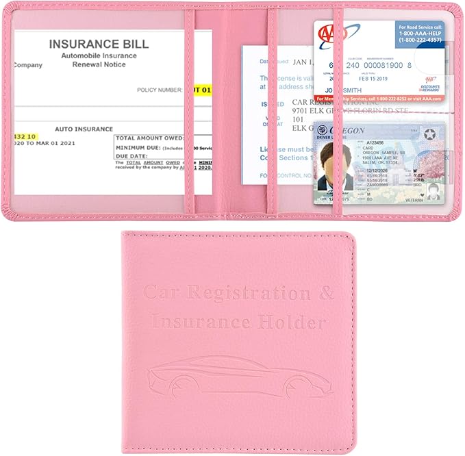 Cacturism Car Registration and Insurance Holder, Vehicle Glove Box Car Organizer，Women Interior Car Accessories Case for Cards, Essential Document, Driver License, Pink