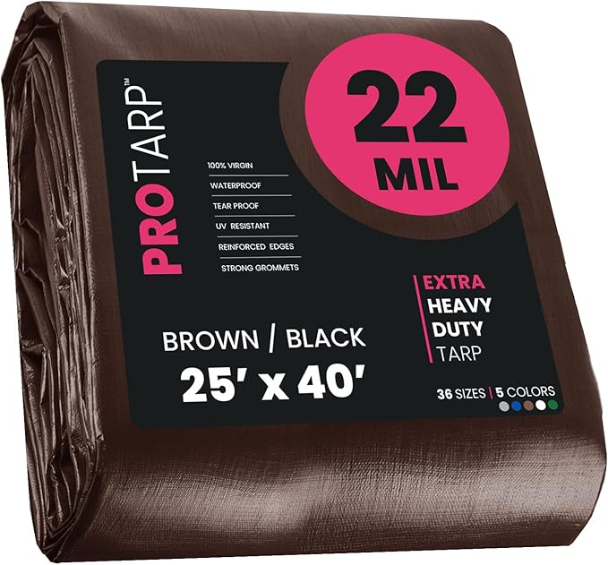 PROTARP Extreme Heavy Duty 22 Mil Tarp Cover, Waterproof, UV Resistant, Rip and Tear Proof, Poly Tarpaulin with Reinforced Edges for Roof, Camping, Patio, Pool, Boat. (Brown/Black 25′ X 40′)