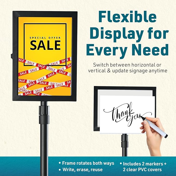 2 PACK Double-Sided Adjustable Heavy Duty Pedestal Sign Holder Stand for Display - Indoor/Outdoor Floor Sign Stand with Base 8.5x11 inches (Horizontal and Vertical Orientation) - includes dry erase marker