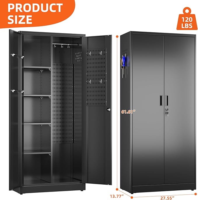 61.61" H Broom Closet Storage Cabinet with Towel Hangles and Adjustable Shelves,Metal Tool Cabinets with Pegboard and Hooks for Garage Laundry Room Home Office,Required Assembly,Black