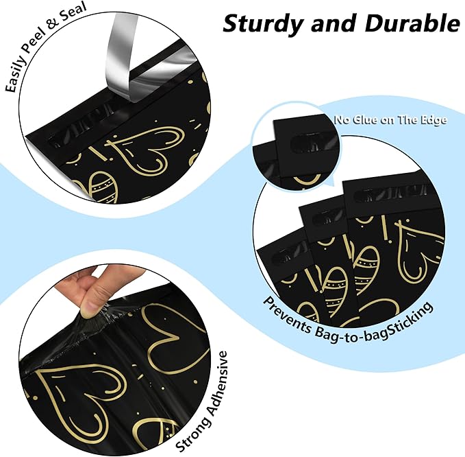 Poly Mailers 10x13 Inch 25 Pcs, Heart printed Thank You Shipping Bags with 2.4mil Thickness, Waterproof Mailing Envelopes, Strong Self-sealing Adhesive Poly Bags for Shipping
