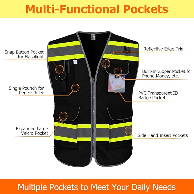 TCCFCCT Work Vest for Men Women 9 Pockets High Visibility Safety Vest with Fluorescent Yellow Extend Edge, Hi Vis Reflective Vest for Workers, Surveyors, Meets ANSI/ISEA, (DB-Black, 4X-Large)