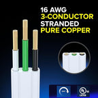 Maximm Cable 10 Ft 360° Rotating Flat Plug Extension Cord/Wire, 16 AWG Multi 3 Outlet Extension Wire, 3 Prong Grounded Wire - White - UL Certified