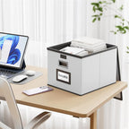 Huolewa Portable Leather File Organizer Boxes with Lids, Collapsible File Folder Organizer Boxes, Decorative Small Filing File Cabinet for Home/Office, Easily Store Documents/Hanging File Folders
