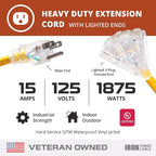 Iron Forge Cable 10 Gauge 50ft Lighted Outdoor Heavy Duty Extension Cord with 3 Outlets - 15 Amp 10/3 SJTW Yellow Extension Cord with Multiple Outlets
