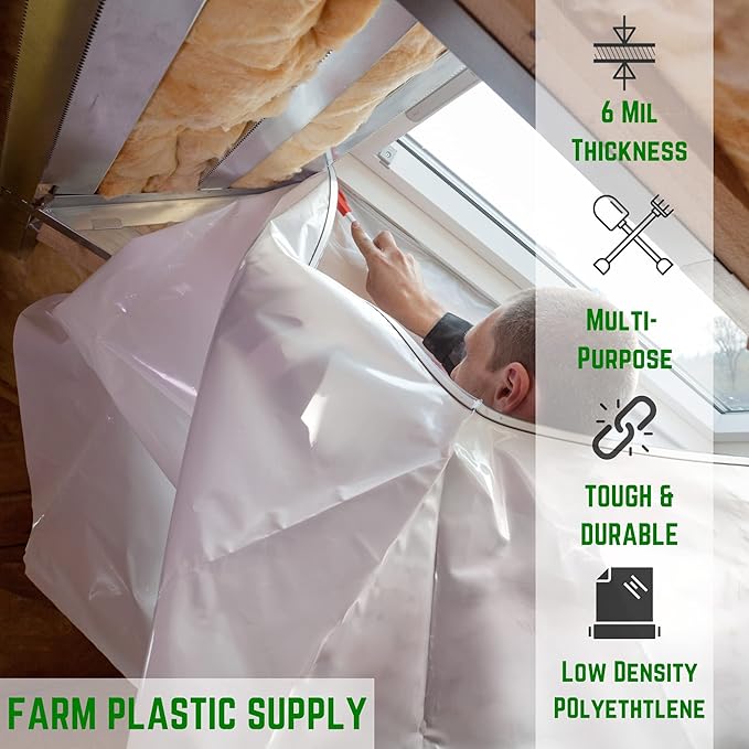 Farm Plastic Supply - Clear Plastic Sheeting - 6 mil - (6' x 100') - Thick Plastic Sheeting, Heavy Duty Polyethylene Film, Drop Cloth Vapor Barrier Covering for Crawl Space