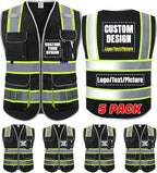 BeautyWill ANSI Certified Custom Logo Safety Vest 8-Pockets Class2 High Visibility Reflective Vest for Men - Personalized Logo Heavy-Duty Work Vest（Black，5Pack，M）