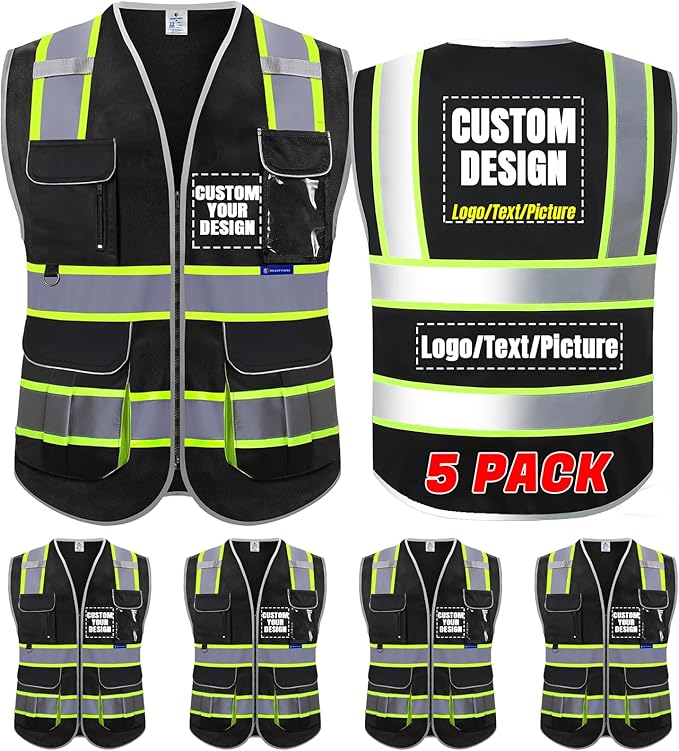 BeautyWill ANSI Certified Custom Logo Safety Vest 8-Pockets Class2 High Visibility Reflective Vest for Men - Personalized Logo Heavy-Duty Work Vest（Black，5Pack，3XL）