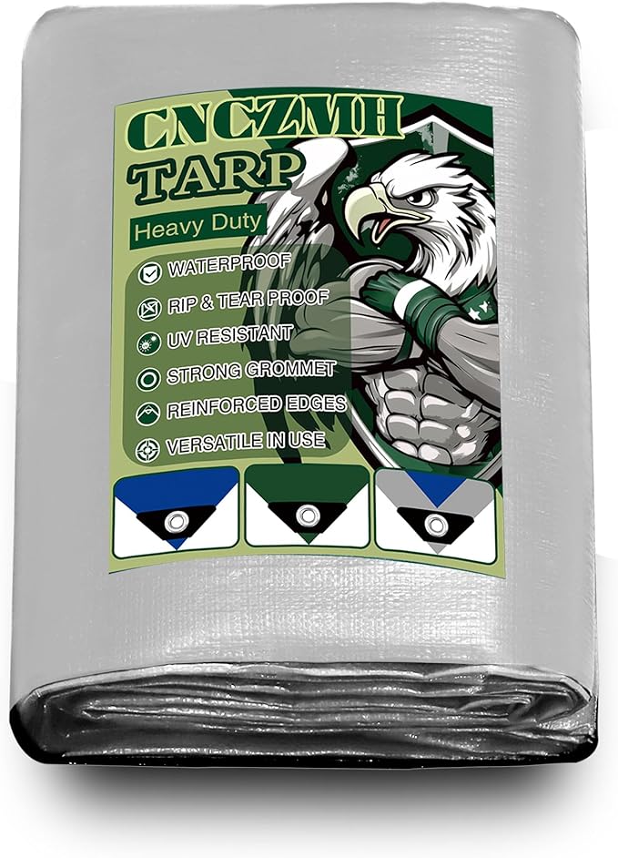 Heavy Duty Tarp Waterproof 12x25 Feet, 10 Mil Thick Silver Blue Poly Tarps Outdoor, Metal Grommets, Reinforced Edges, Multipurpose Tarpaulin Cover for Camping, Boat, Swimming Pools