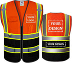 BeautyWill Custom Safety Vest Customized Logo Mesh Vest Class2 High Visibility Reflective Vest with Pockets Orange Workwear（Orange Black，L ）