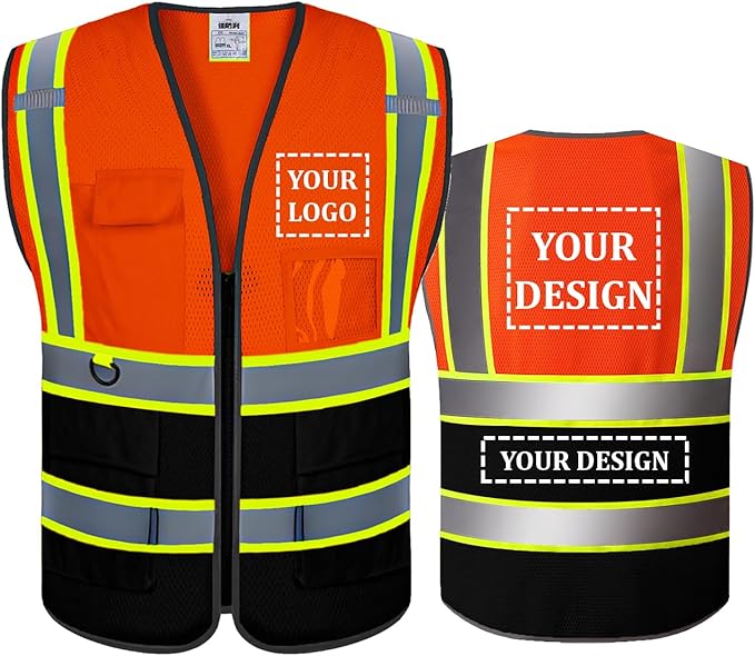 BeautyWill Custom Safety Vest Customized Logo Mesh Vest Class2 High Visibility Reflective Vest with Pockets Orange Workwear（Orange Black，S ）