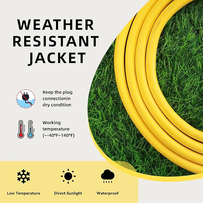 EP 15 Ft Outdoor Extension Cord, 12/3 SJTW Heavy Duty Extension Cable with 3 Prong Grounded Plug, 15 AMP Power Cord for Lawn, Garden, Appliances, Yellow