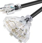 10FT 12/3 Extension Cord Heavy Duty Black 3-Outlet Indoor/Outdoor SJTW Lighted 12-Gauge Grounded Power Cable,12AWG 15 Amp, 1875 Watts，UL Listed，Safety