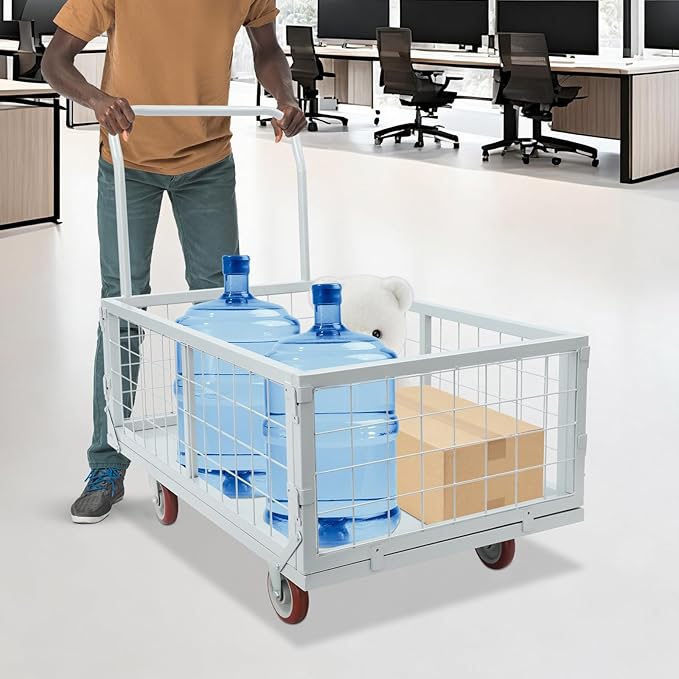4-in-1 Platform Truck Foldable Push Cartplatform Truck with Cage 2200 lbs, Heavy Duty Moving Platform Hand Cart with 4 Wheels & Brakes, Convertible Warehouse Push Dolly for Workshop Logistics, Silver