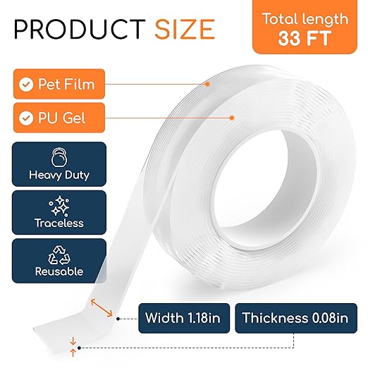 GLUIT Double Sided Tape Heavy Duty 33ft – Outdoor Mounting Tape, Strong Removable 2 Sided Adhesive, Washable Reusable Nano Gel Sticky Wall Tape, Poster Teacher Tape for Walls, Car & Brick 17.5 lbs