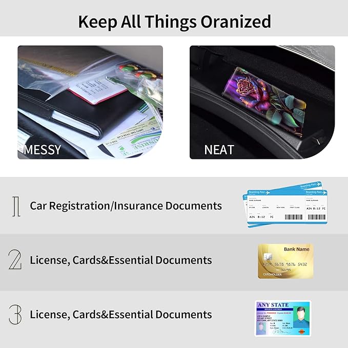 Car Registration and Insurance Holder, Leather Car Glove Box Organizer, Cool Car Accessories for ID, Driver's License Cards & Essential Document,business cards,Men&WomenPink Rose Flower Butterfly