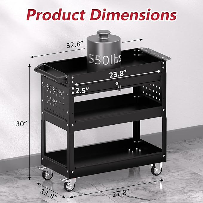 3 Tier Rolling Tool Cart on Wheels, Heavy Duty Service Cart Industrial Utility Cart with Drawer and Screwdriver Rack Pegboard, 550 LBS Mobile Tool Storage Organizer for Garage, Workshop(Black)