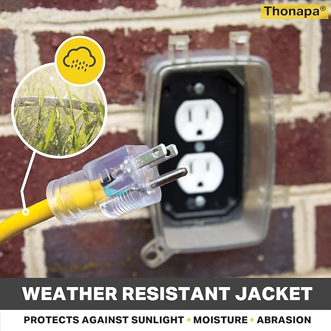 100 Foot Lighted Outdoor 15 Amp Extension Cord with 3 Electrical Power Outlets - 10/3 SJTW Yellow 10 Gauge Cable with 3 Prong Grounded Plug for Safety - Great for Garden and Major Appliances