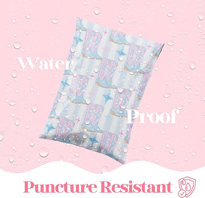 10x13 Designer Poly Mailer 100 Pack Heavy Duty Waterproof Self Seal Shipping Bags for Small Business Large Mailing Envelopes Bulk Tear Resistant Packaging Cowgirl Boots Western