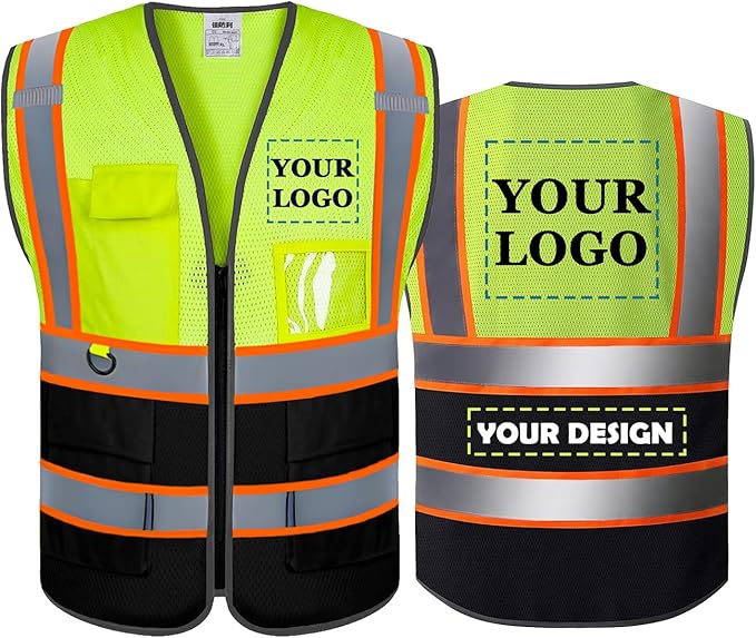 BeautyWill Custom Mesh Safety Vest Customized Logo Class2 High Visibility Reflective Vest with Pockets Construction workwear （Yellow Black，L ）