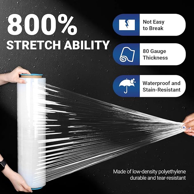 4-Pack 18" Stretch Wrap Rolls - 80 Gauge Industrial Strength Clear Film, 1200ft Length with Plastic Handle Option - Heavy Duty Self-Adhering for Moving, Shipping, Pallet Packing
