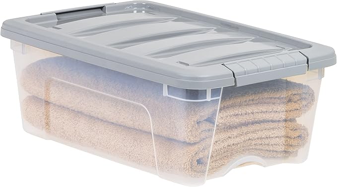 Amazon Basics Plastic Storage Containers with Secure Latching Lids, Stackable Organization Bins, Clear/Grey, 12 Quart, Set of 6