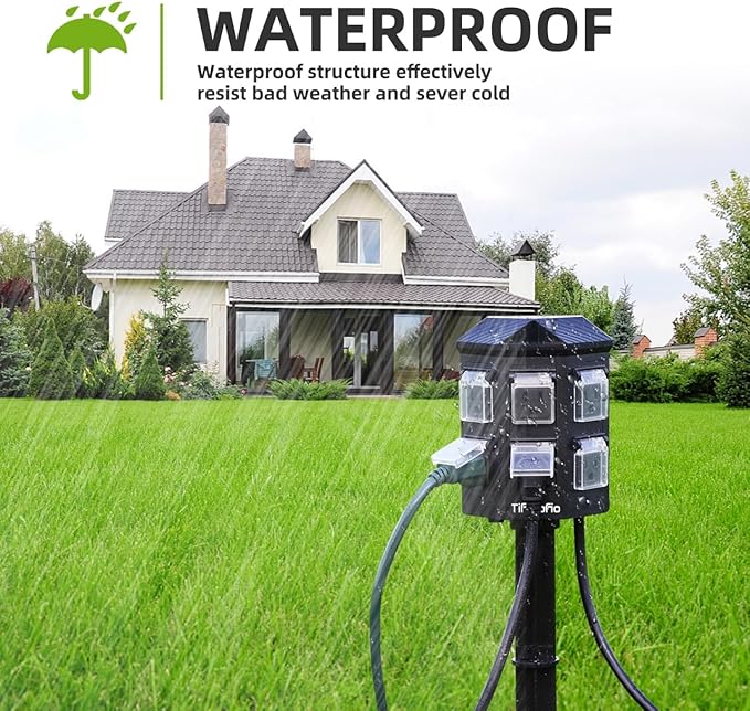 TiFFCOFiO Outdoor Power Strip with Stake Waterproof, 10 FT Extension Cord, 6 Grounded Outlets for Outdoor Lights, 14 AWG, 15A/1875W, ETL Listed (40 FT)