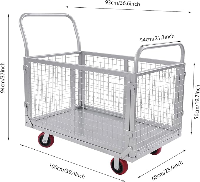 Platform Truck Cart with Cage, 440.92Lbs Capacity Grocery Dolly Heavy Duty Cart with 4 Wheels for Distribution Centers and Warehouses 39.4 x 23.6 x 37 Inch