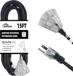 3-Outlets Indoor Outdoor Extension Cord Weatherproof with Lighted End, UL Listed, 10 Gauge 15FT Black 3 Prong Heavy Duty, 10/3 SJTW 15A Power Cord