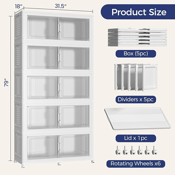 250GAL Storage Bins with Lid and Wheels, Stackable Closet Organizers and Storage Drawer, Collapsible Storages Box with Dividers, Foldable Plastic Cabinets for Room, Kitchen, 5 Pack White
