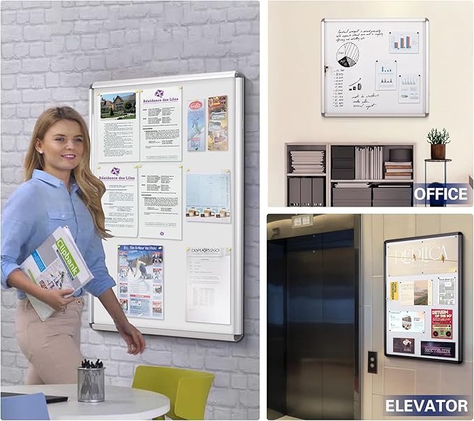 SWANCROWN Enclosed Notice Board Magnetic Bulletin Boards for Office with Locking Door,Black Frame, 26x20inch(4XA4