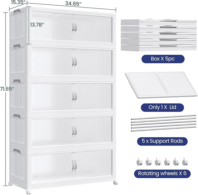 1200QT Plastic Stackable Storage Bins with Lid, 300GAL Extra Large Collapsible Box with Wheels Clear Door, Foldable Closet Organizer Container Cabinet Drawer for Home Kitchen，5Pack, White