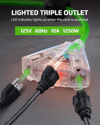 DEWENWILS Retractable Extension Cord Reel, 75 FT Heavy Duty Power Cord, 14/3C SJTOW Retractable Cord Reel, Lighted Triple Outlets, 10A Circuit Breaker, Wall/Ceiling Mount, UL Listed, Green
