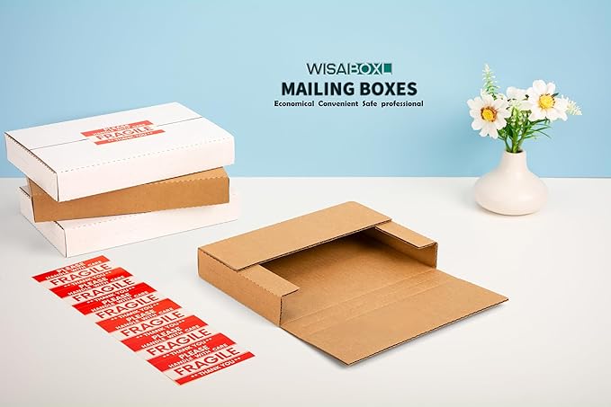 9x6x1.3 inch Shipping Boxes, Easy-Fold Multi-Depth DVD Mailer Box with Fragile Stickers for Mailing, Storing, Package, Gifts, Crafts, Business or Home, Brown, 25 Pack