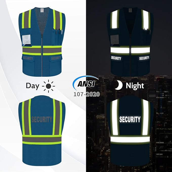 Security Vest for Security Guard, Safety Vest with Pockets, High Visibility Work Vest with Reflective Strips, Mesh Design, ANSI Compliant, Blue, L