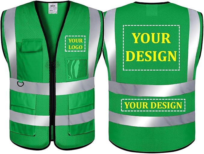 BeautyWill Mesh Safety Vest Custom Logo Class2 High Visibility Reflective Vest with 5 Pockets Construction Security Work Vest ANSI/ISEA Standards（Green，3XL ）