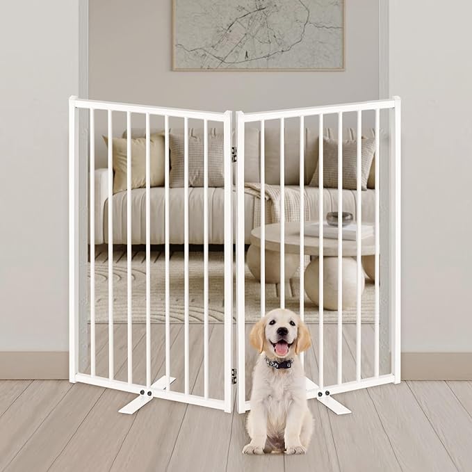 Metal Freestanding Dog Gates with Door for Outdoor Indoor,40'' Extra Wide 32'' Tall Free Standing Dog Gate for Doorways,Large Openings,Deck,Yard,Porch,Foldable Safety Pet Fence(White,2 Panels)