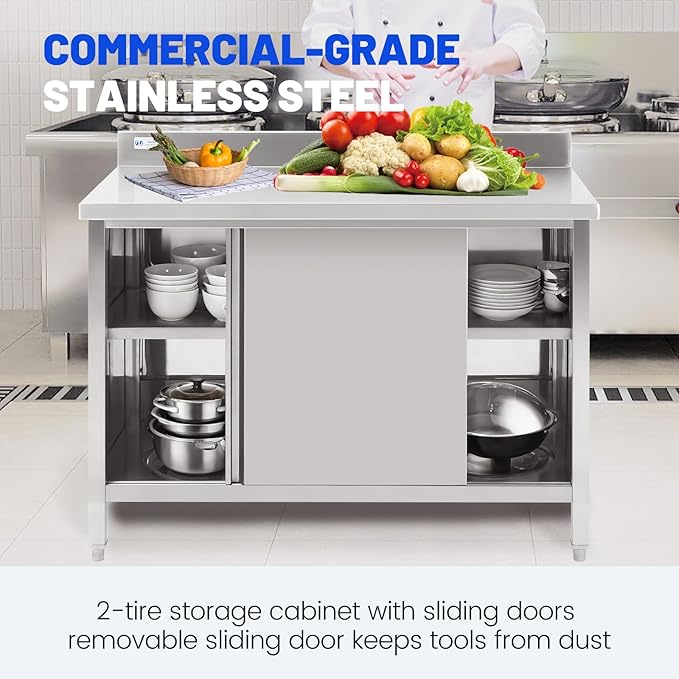 Hally Stainless Steel Cabinet, 30" x 60" NSF Commercial Heavy Duty Prep Workbench with Backsplash and Two Sliding Doors, Large Storage Cabinet, Metal Table for Kitchen, Restaurant, Garage