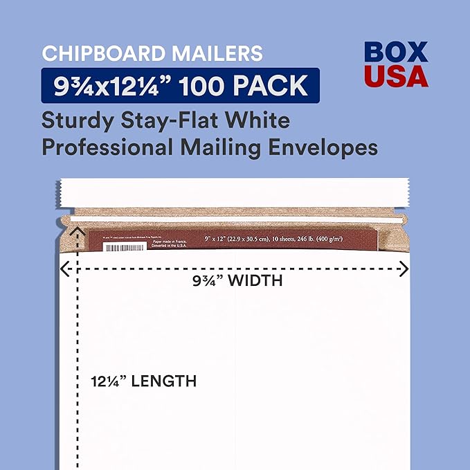 BOX USA StayFlat Envelope 9.75"L x 12.25"W 100-Pack for Keeping Photos, Documents & Artwork Protected During Mailing and Shipping