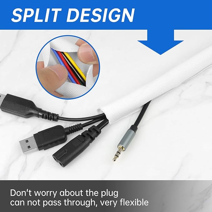Split Braided Cable Sleeve，Flexible Wire Loom Tubing, Automotive Cord Protector Pet Proof, Cable Management for Computer TV Electric Wires Harness 16ft (White, 13mm（1/2")