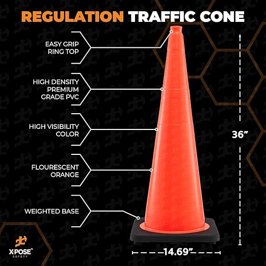 Xpose Safety 36 Inch Orange Traffic Cones Heavy Duty 12lb, Bulk Half Pallet 125-Pack - Multipurpose PVC Plastic Safety Cone for Parking, Soccer, Caution, Kids and Construction - DOT Approved