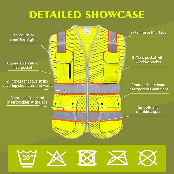 High Visibility Safety Vest - Reflective Breathable Mesh with 9 Pockets, Front Zipper for Men & Women - Meets ANSI/ISEA Standards