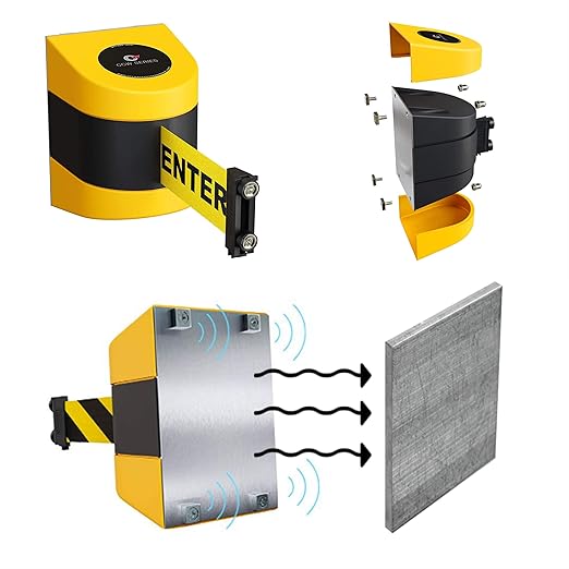 Crowd Control Warehouse - CCW Series WMB-220 Magnetic Wall Mount Retractable Belt Barrier - 15 Foot, Black Yellow Horizontal Stripe Belt with Black ABS Case