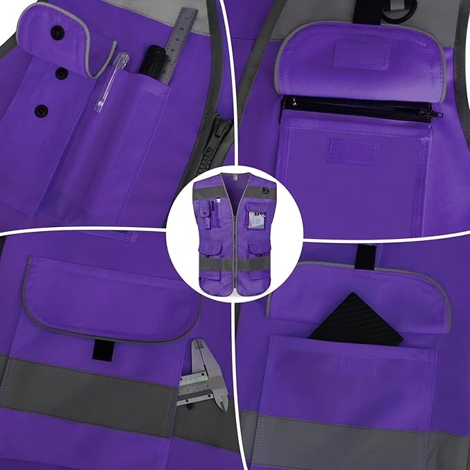 TCCFCCT Hi Vis Vest, 9 Pockets High Visibility Reflective Safety Vest for Men Women, Safety Construction Vest with Reinforced Sewing, Durable to Use, Meets ANSI/ISEA Standards, (Purple, Small)
