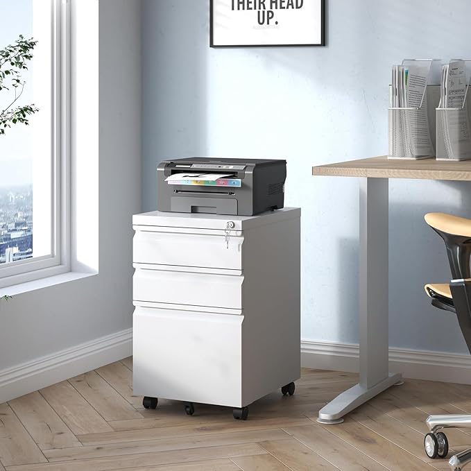 3 Drawer File Cabinet with Lock, File Cabinets for Home Office,Under Desk Cabinet, Locking File Cabinet for A4/Letter/Legal, Fully Assembled Expect Casters, Matte White