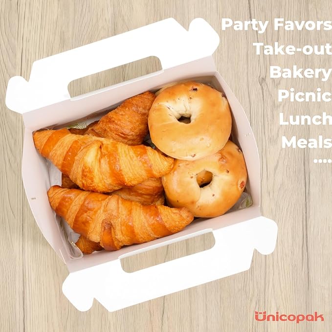 UnicoPak 5 Pack 10x7x7.5 Extra Large Gable Boxes, White Gift Boxes with Handle Lunch Boxes To Go for Birthday Wedding Party Favors Picnic Welcome